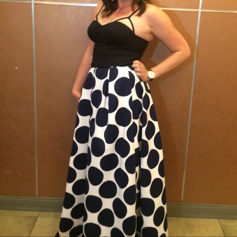 Navy Polka Dot Floor-length Skirt
